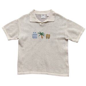 Zara Polo Shirt Boys 6 Short Sleeve Johnny Collar Embroidered Cable Knit Beige